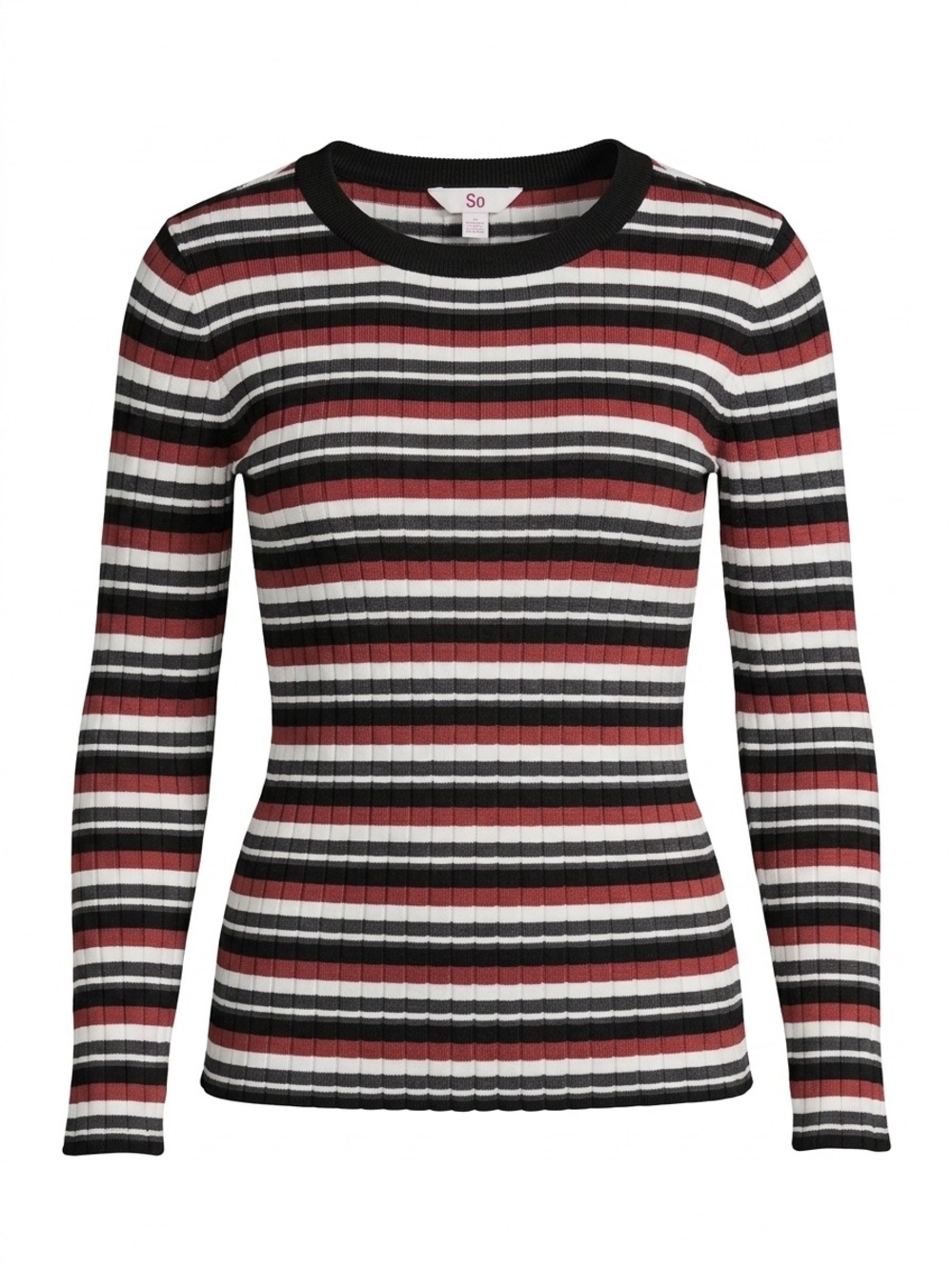 No Boundaries Striped Rib-Knit Crewneck Sweater - Black, White & Rust